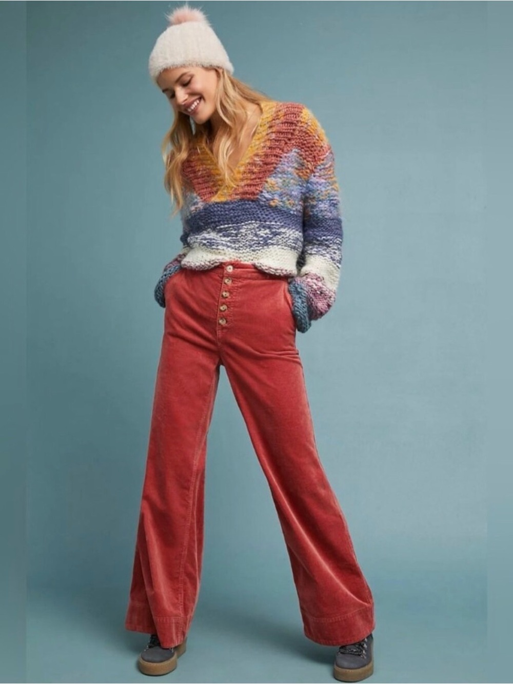 Pilcro Wide-Leg Corduroy Pants in Rust Red